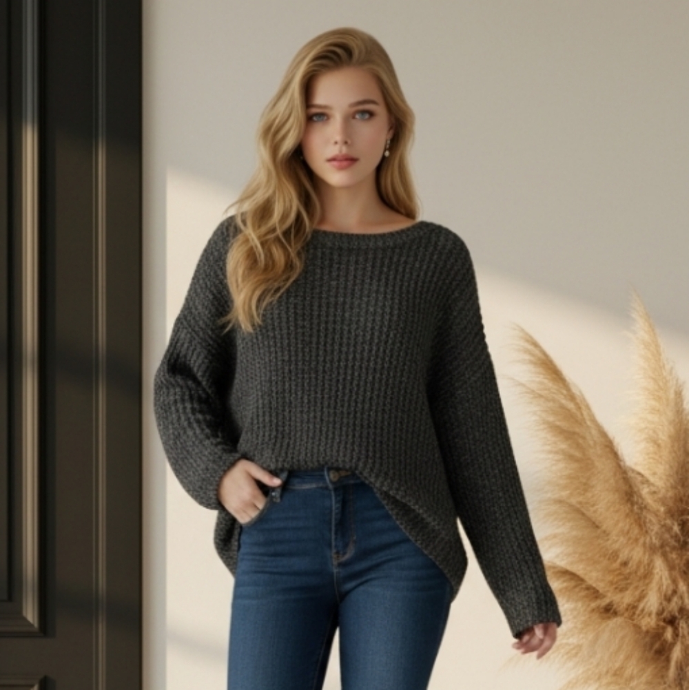 Maronie Crew Neck Top with Relaxed Fit and Soft Knit Texture Bat Sleeve Sz Large